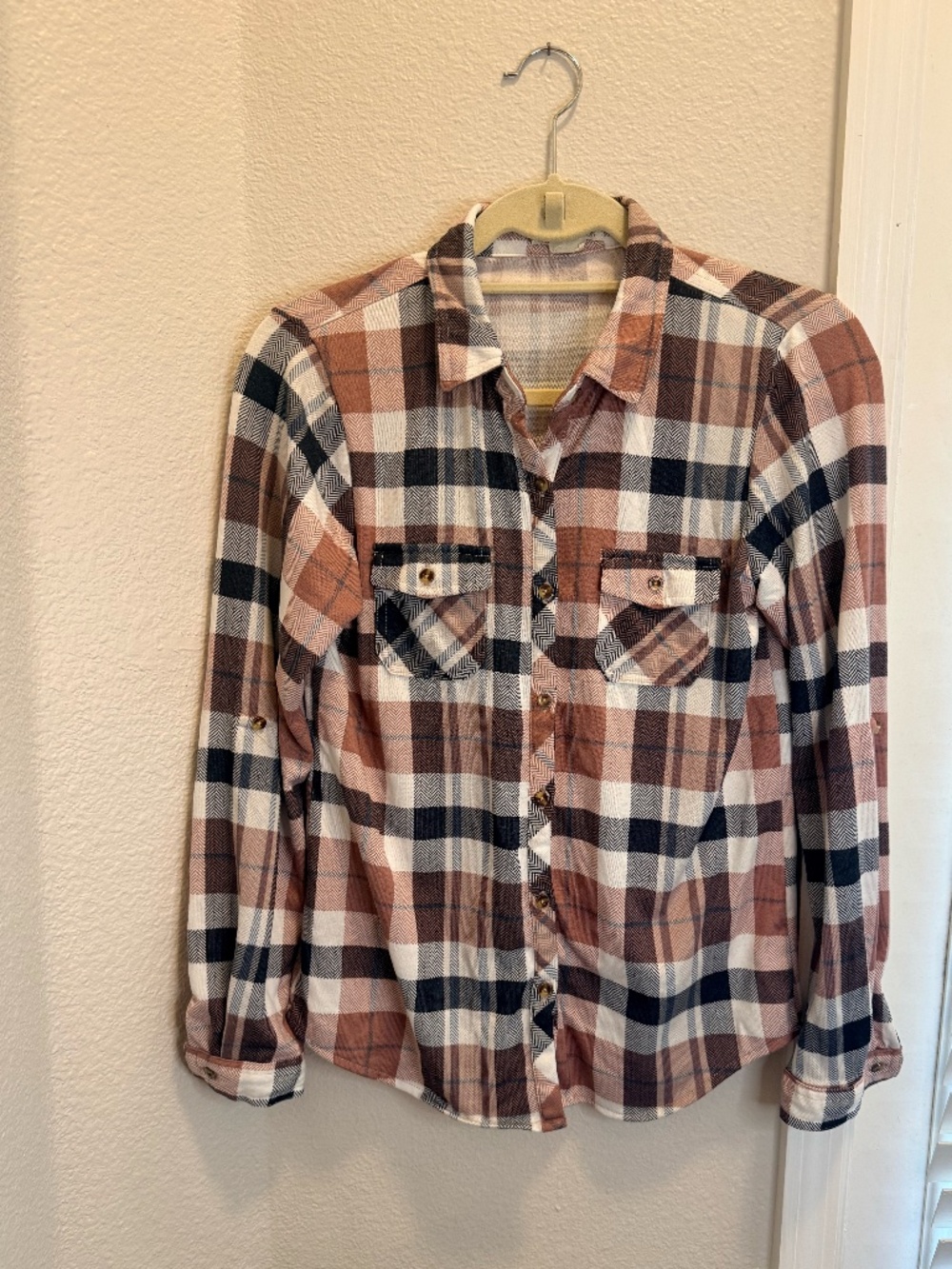 Passport Girls Plaid Flannel Shirt Pink Purple Gray White Size 12